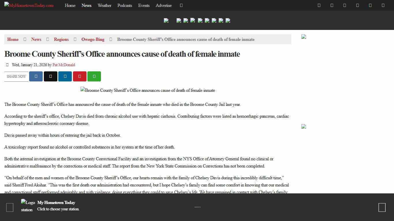 Broome County Sheriff's Office announces cause of death of female inmate - MyHometownToday.com